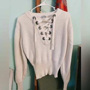White lace up sweater